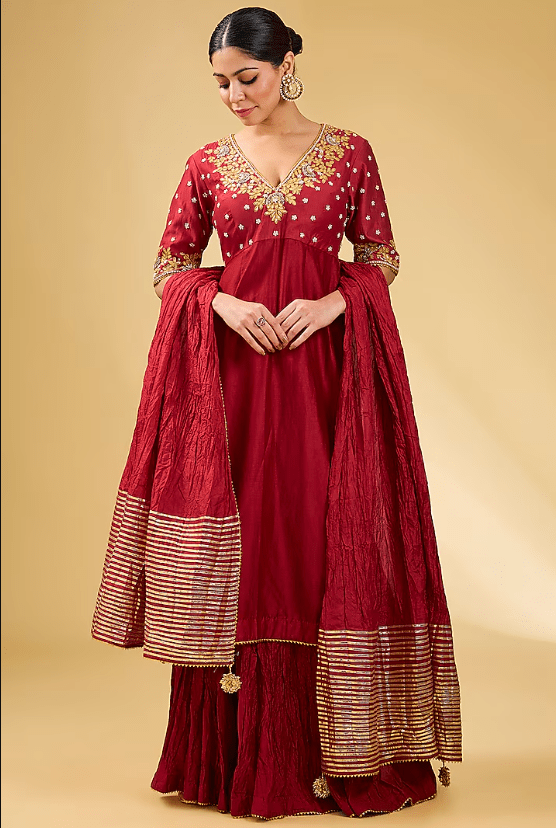 Red Pure Silk Chanderi Zardosi Embroidered Anarkali Set