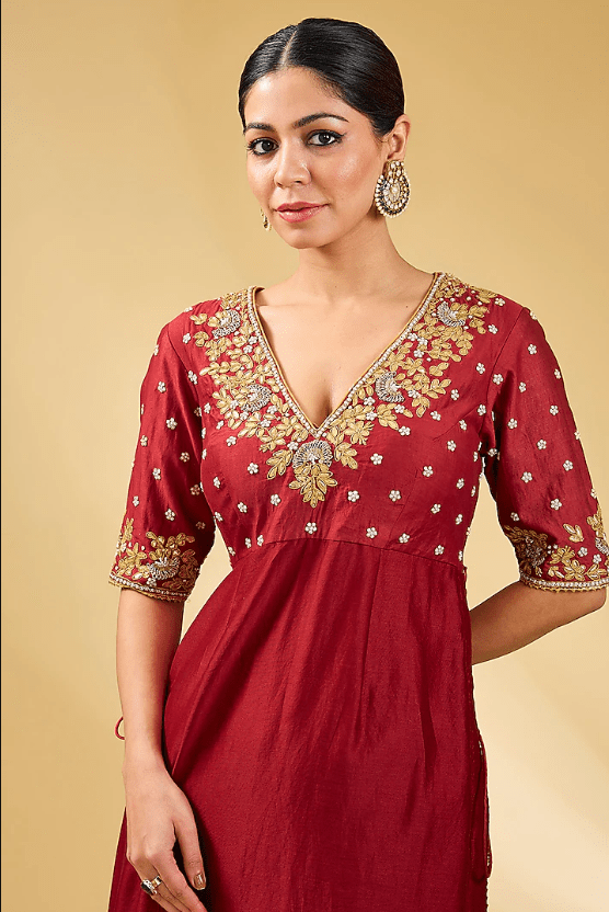 Red Pure Silk Chanderi Zardosi Embroidered Anarkali Set - Image 4