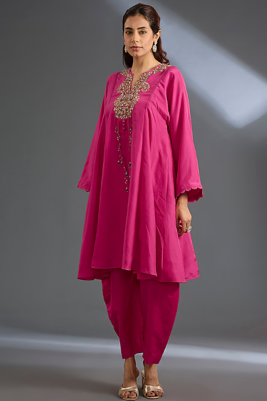 Fuchsia Habutai Silk Kurta Set