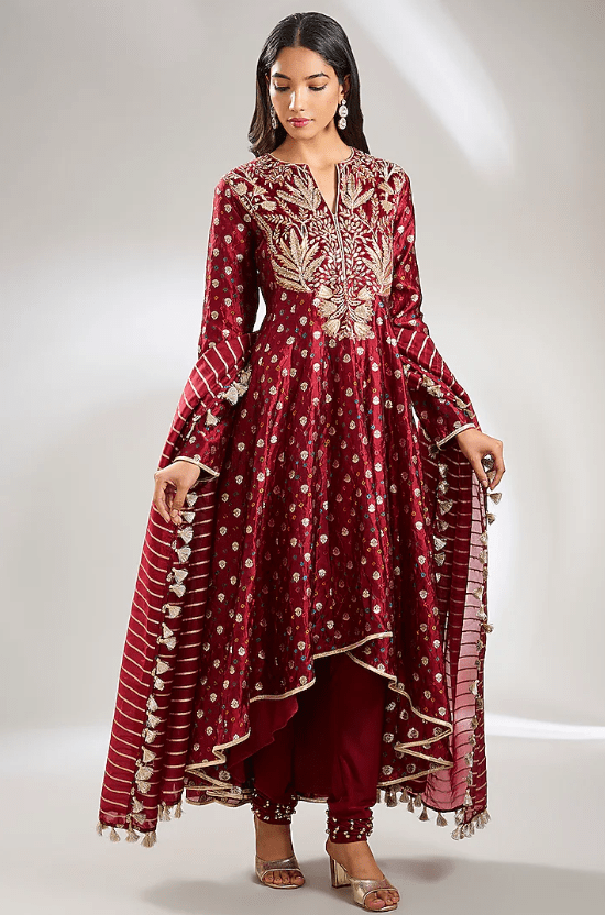 Maroon Bandhani Silk Hand Embroidered Anarkali Set