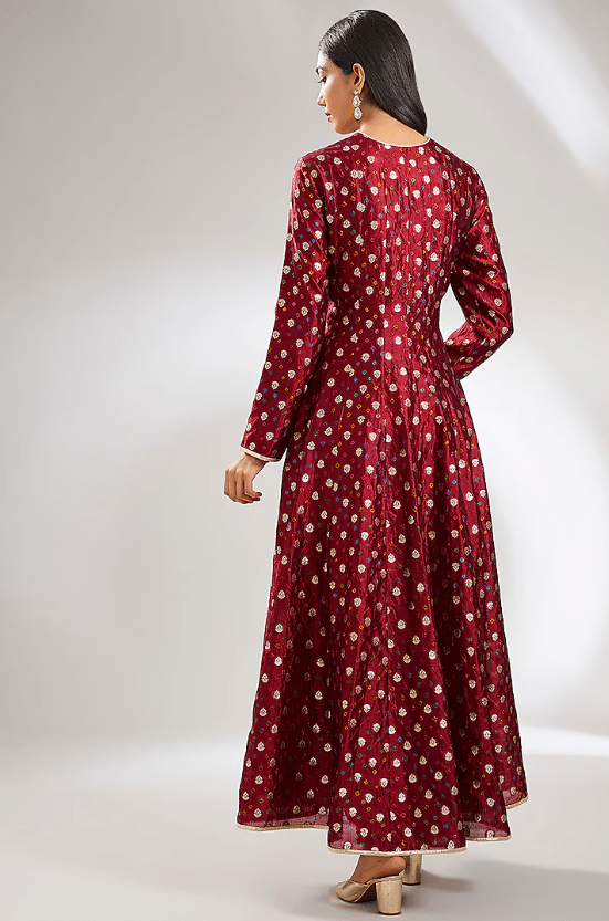 Maroon Bandhani Silk Hand Embroidered Anarkali Set - Image 2
