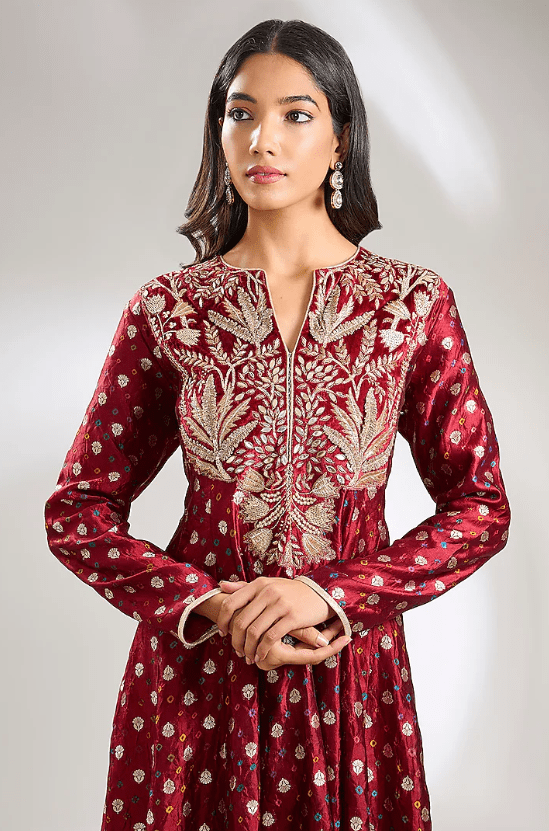 Maroon Bandhani Silk Hand Embroidered Anarkali Set - Image 3