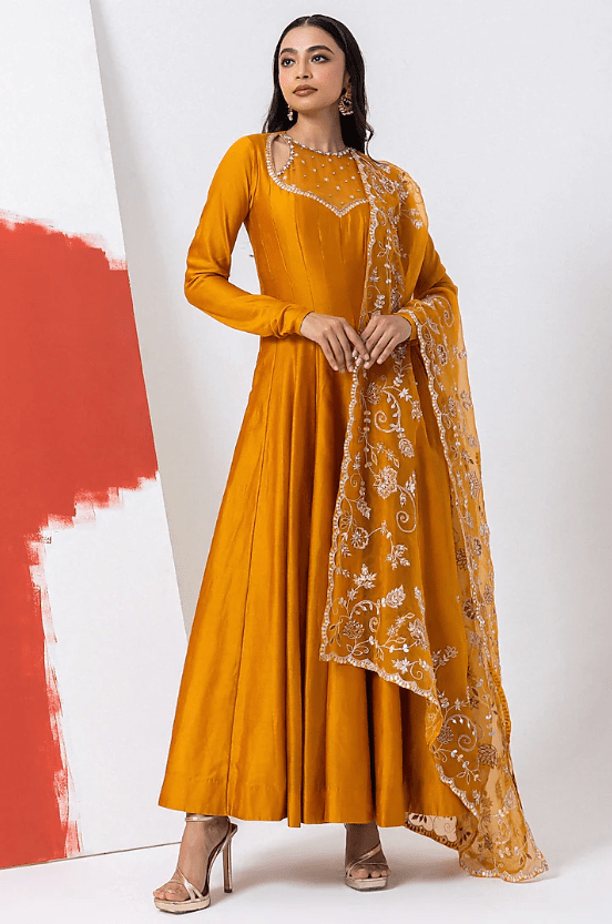Maple Yellow Organza & Chanderi Silk Sequins Work Anarkali Set