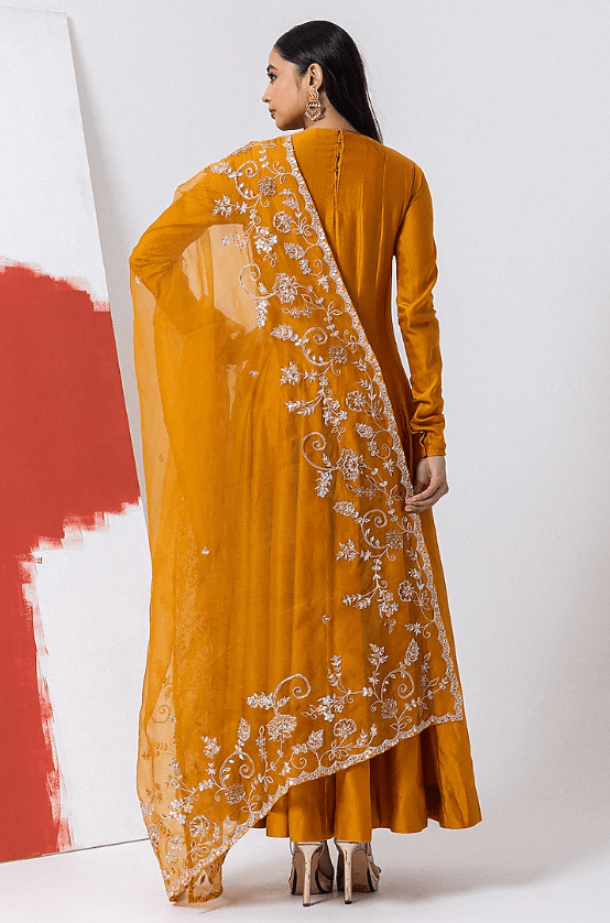 Maple Yellow Organza & Chanderi Silk Sequins Work Anarkali Set - Image 2