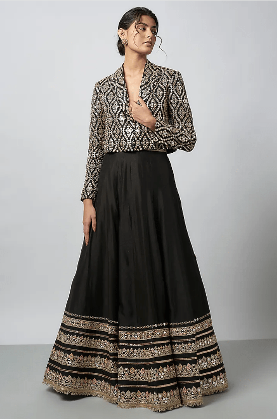 Black Chiffon Embroidered Jacket Lehenga Set