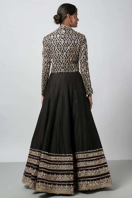 Black Chiffon Embroidered Jacket Lehenga Set - Image 2