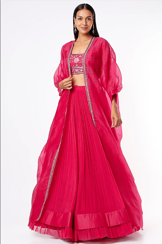 Bright Red Chiffon Ruched Lehenga Set