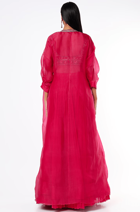 Bright Red Chiffon Ruched Lehenga Set - Image 2