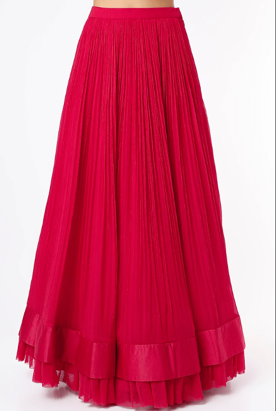 Bright Red Chiffon Ruched Lehenga Set - Image 3