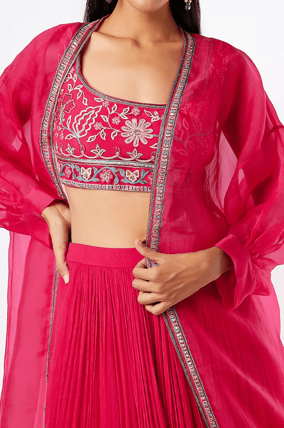 Bright Red Chiffon Ruched Lehenga Set - Image 4