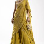 Mustard Organza Embroidered Pre-Draped Lehenga Saree Set