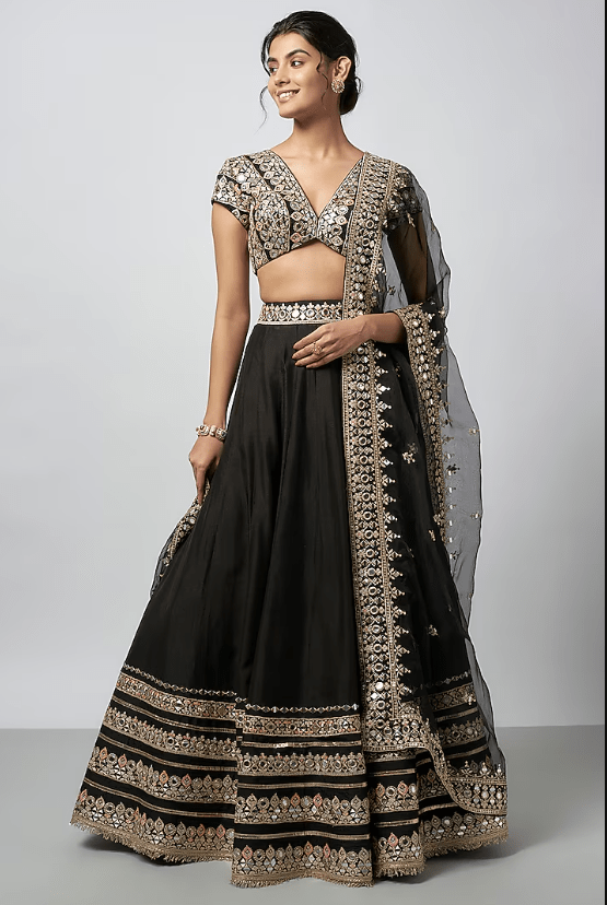 Black Tussar Mirror Work Lehenga Set