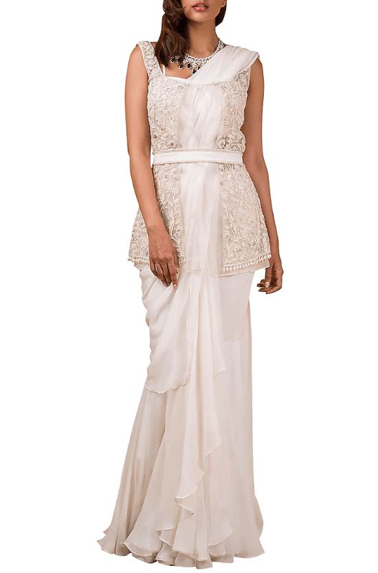 Ivory Embroidered Pre-Draped Saree Set With Belt