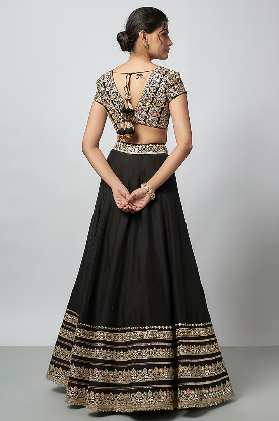Black Tussar Mirror Work Lehenga Set - Image 2