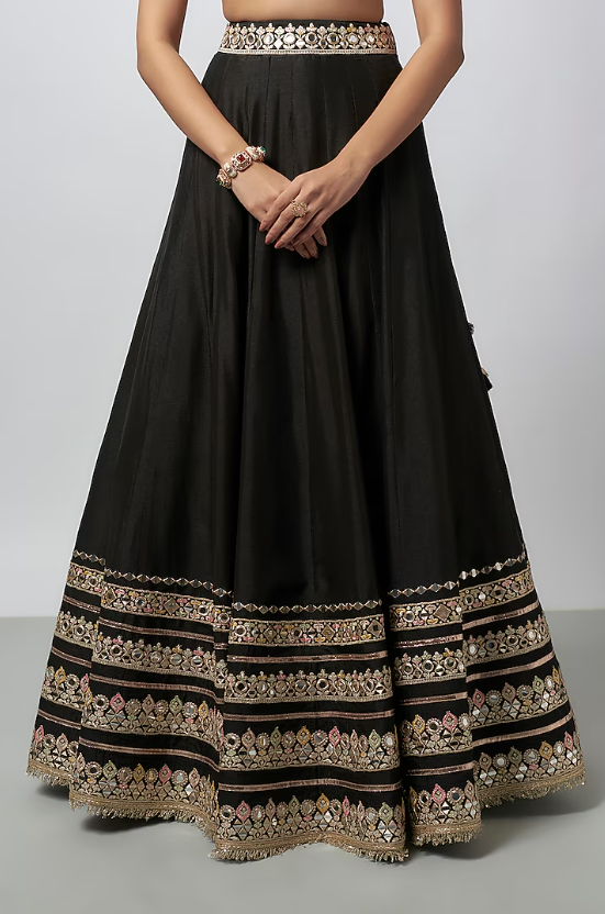 Black Tussar Mirror Work Lehenga Set - Image 3