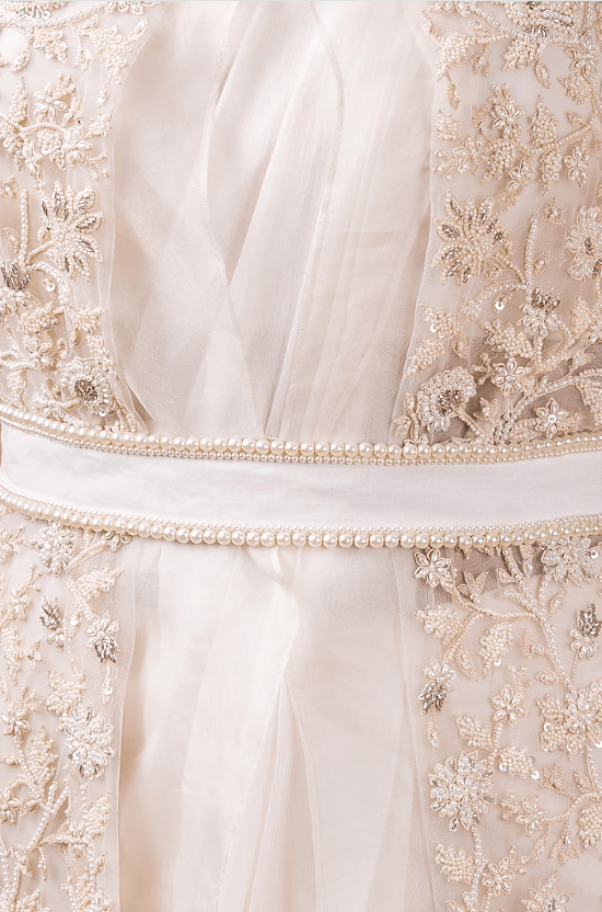 Ivory Embroidered Pre-Draped Saree Set With Belt - Image 3