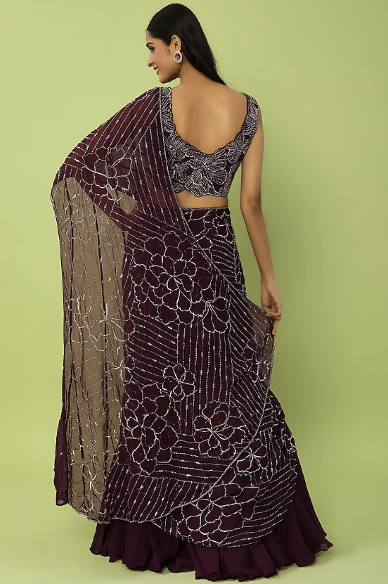 Purple Organza Hand Embroidered Lehenga Saree Set - Image 2