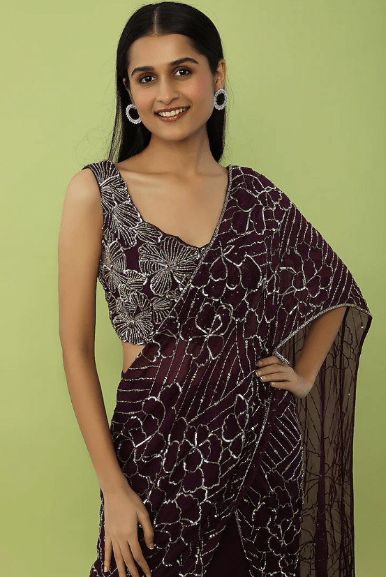 Purple Organza Hand Embroidered Lehenga Saree Set - Image 3