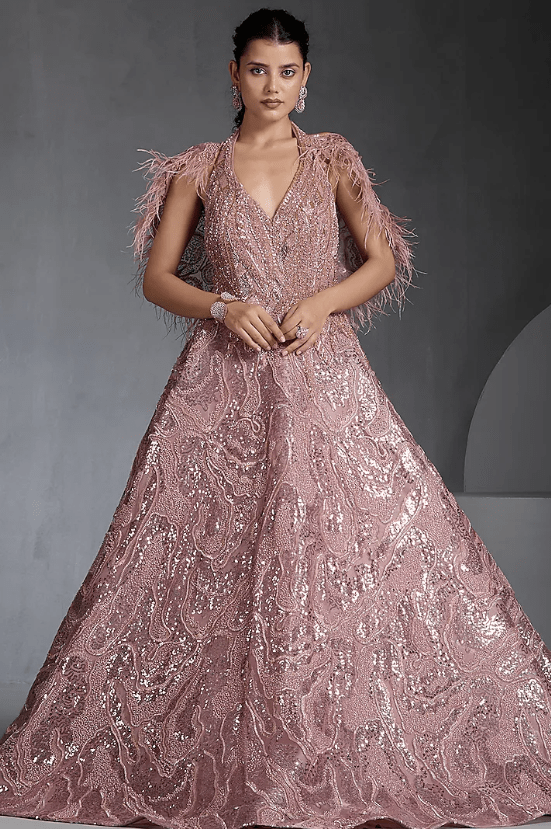 Pink Net Sequins & Feather Embellished Cape Gown