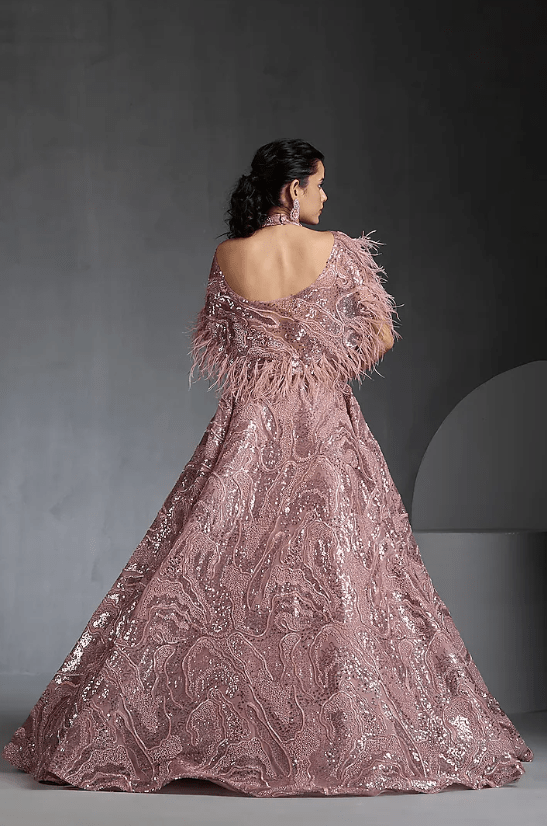 Pink Net Sequins & Feather Embellished Cape Gown - Image 2
