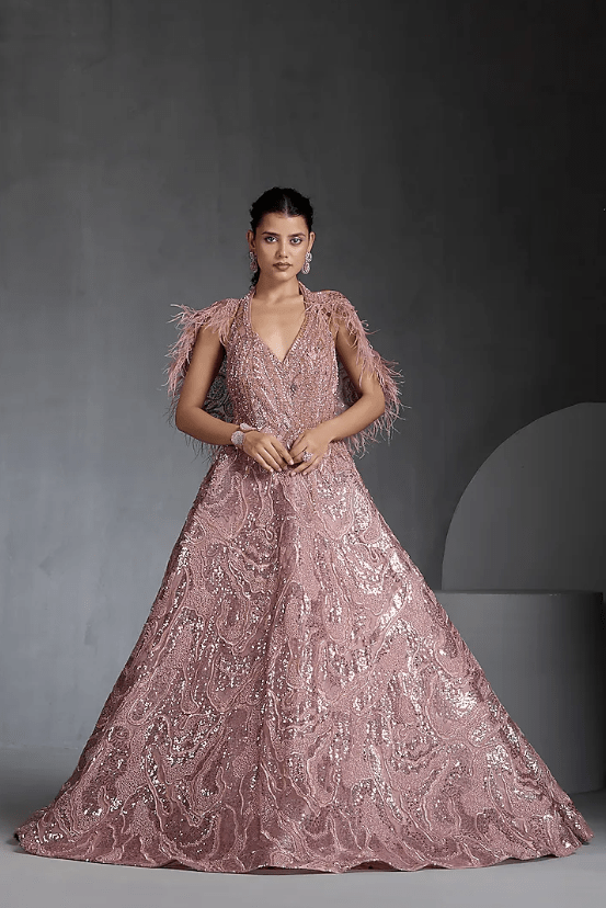 Pink Net Sequins & Feather Embellished Cape Gown - Image 3
