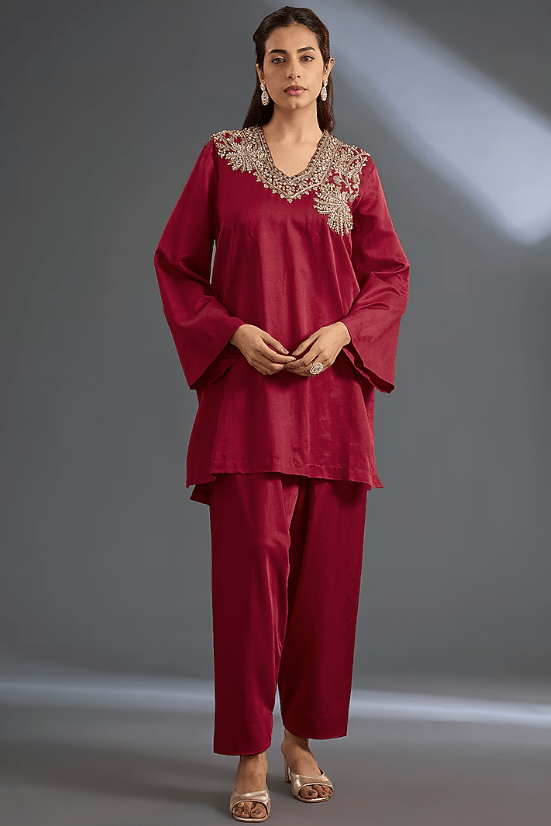 Red Cotton Satin Kurta Set