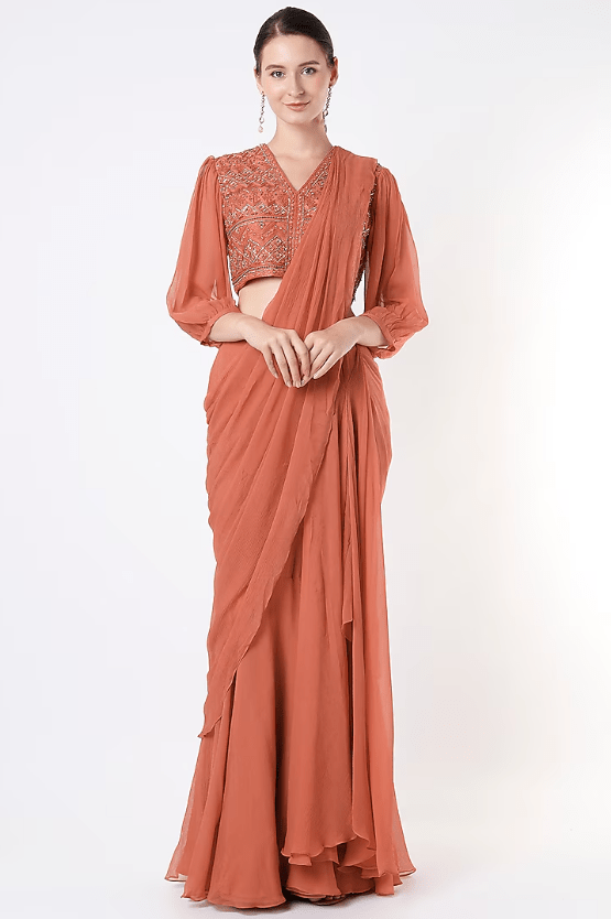 Orange Chiffon Draped Saree Set