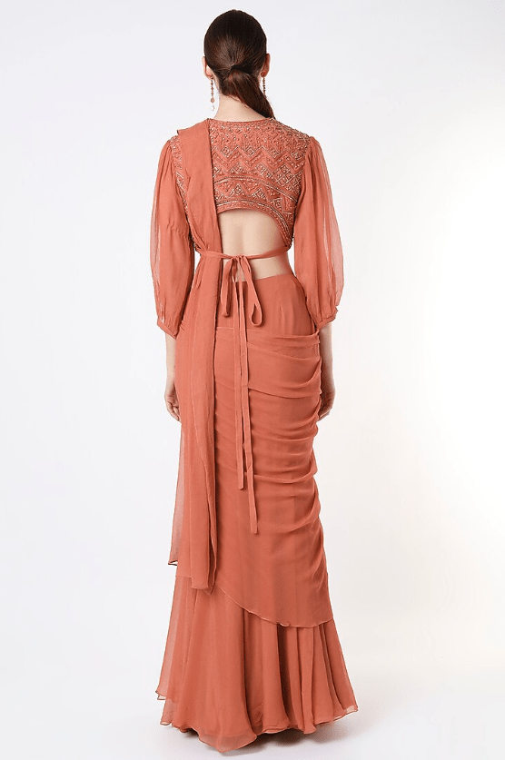 Orange Chiffon Draped Saree Set - Image 2
