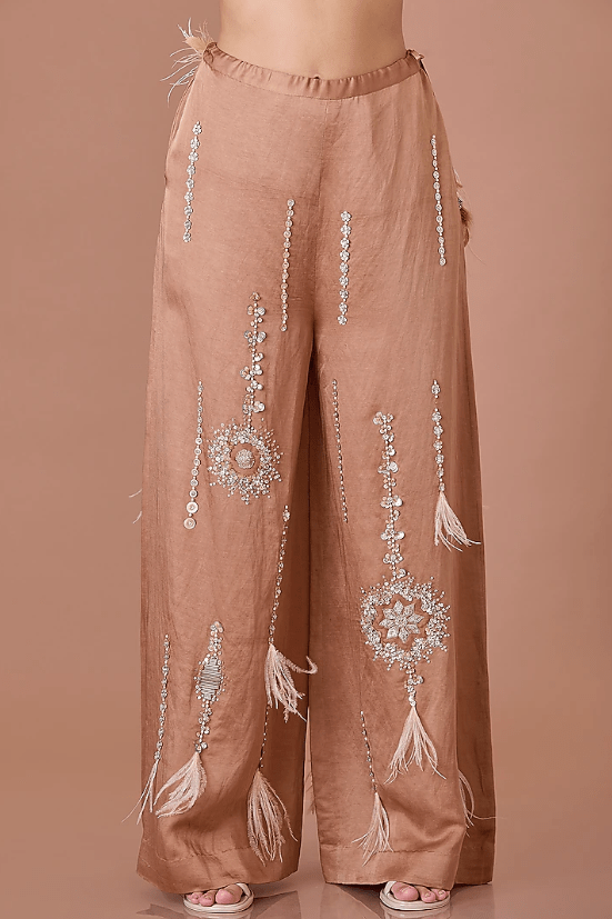 Chocolate Brown Blended Satin Star Embroidered Trousers - Image 3