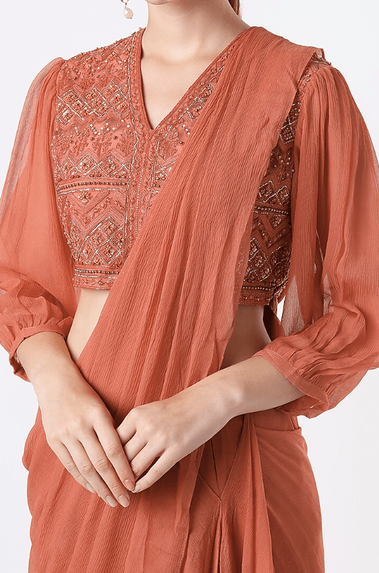 Orange Chiffon Draped Saree Set - Image 3