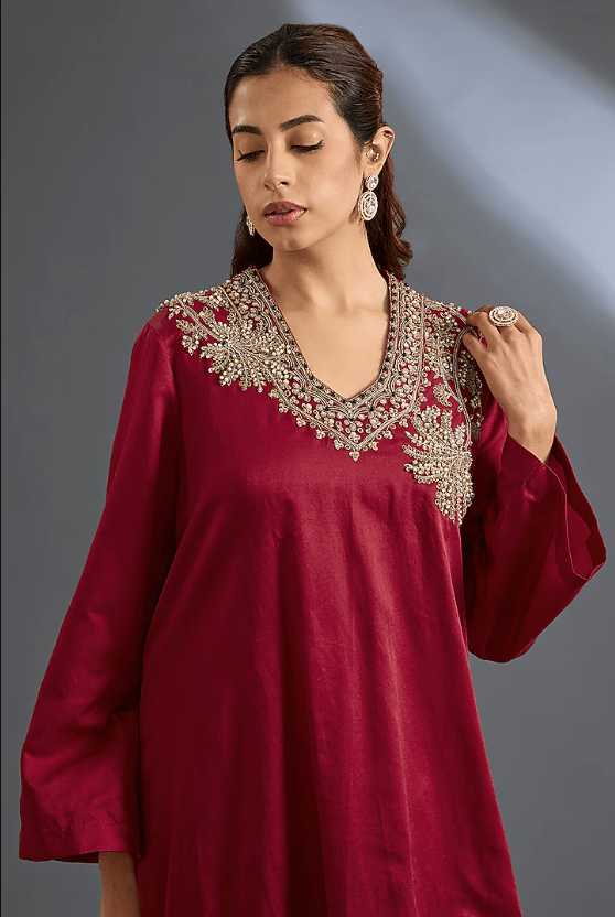Red Cotton Satin Kurta Set - Image 4