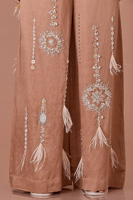 Chocolate Brown Blended Satin Star Embroidered Trousers - Image 4