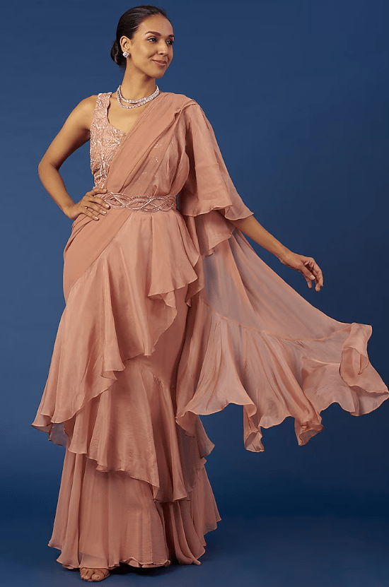 Blush Pink Chiffon Pre-Draped Saree Set