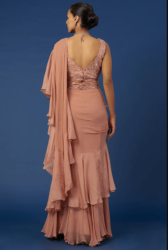 Blush Pink Chiffon Pre-Draped Saree Set - Image 2