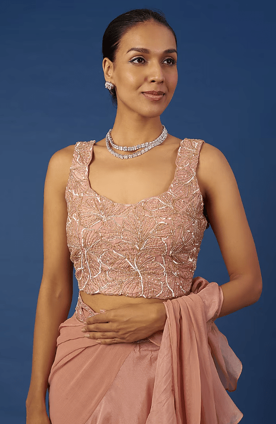 Blush Pink Chiffon Pre-Draped Saree Set - Image 3