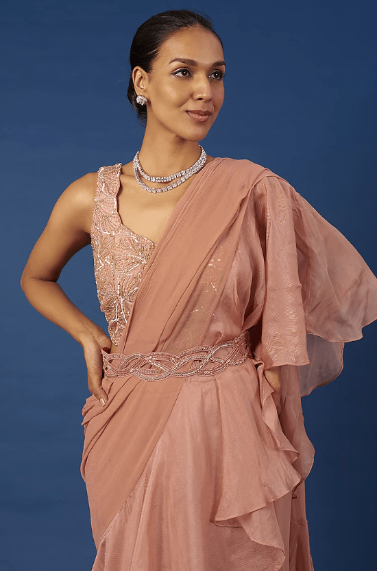 Blush Pink Chiffon Pre-Draped Saree Set - Image 4