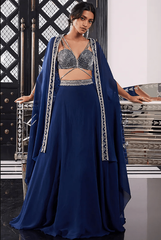 Electric Blue Habutai Hand Embroidered Cape Set