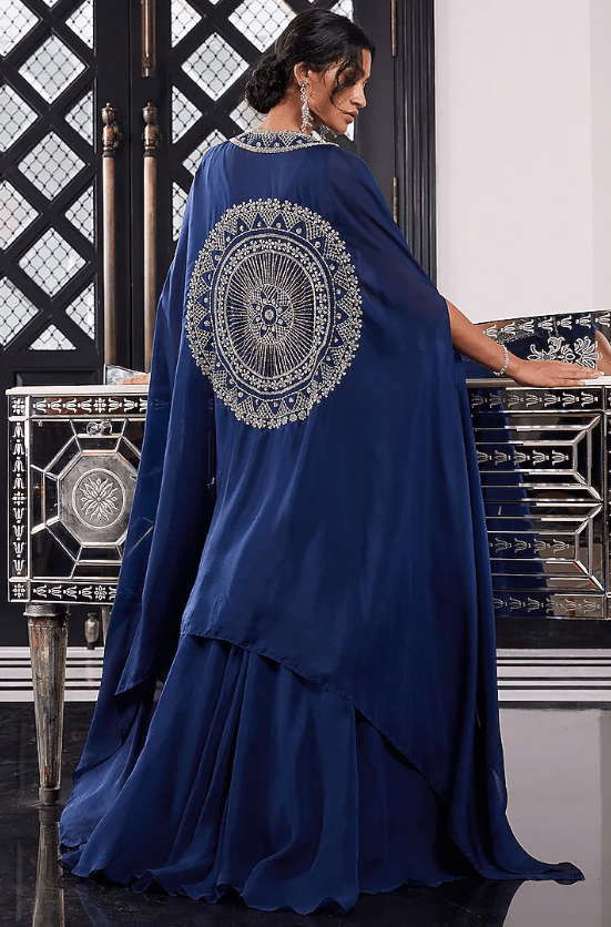 Electric Blue Habutai Hand Embroidered Cape Set - Image 2
