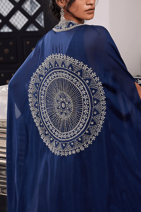 Electric Blue Habutai Hand Embroidered Cape Set - Image 3
