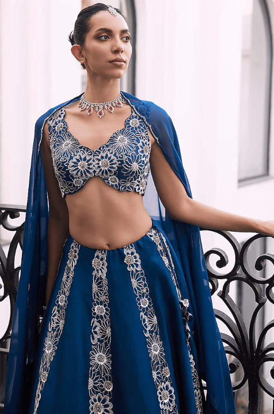 Moody Blue Taffeta Tussar Hand Embellished Lehenga Set - Image 3
