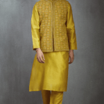 Yellow Machine Embroidered Bundi Jacket