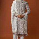Ivory Raw Silk Embroidered Sherwani Set