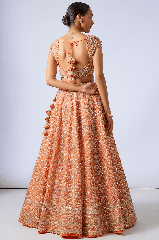 Orange Organza Hand Embroidered Lehenga Set - Image 2