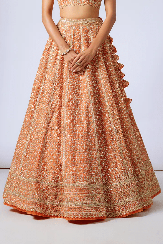 Orange Organza Hand Embroidered Lehenga Set - Image 3