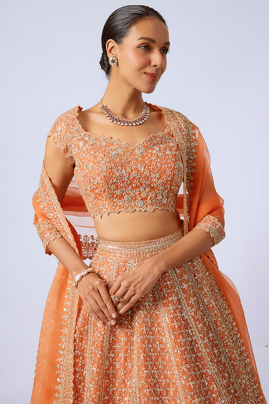 Orange Organza Hand Embroidered Lehenga Set - Image 4