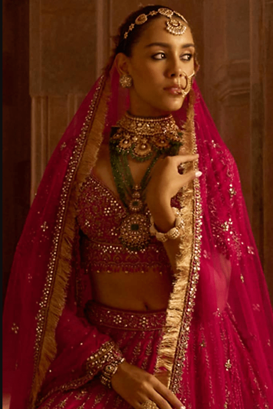 Fuchsia Red Raw Silk Zardosi Embroidered Lehenga Set - Image 2