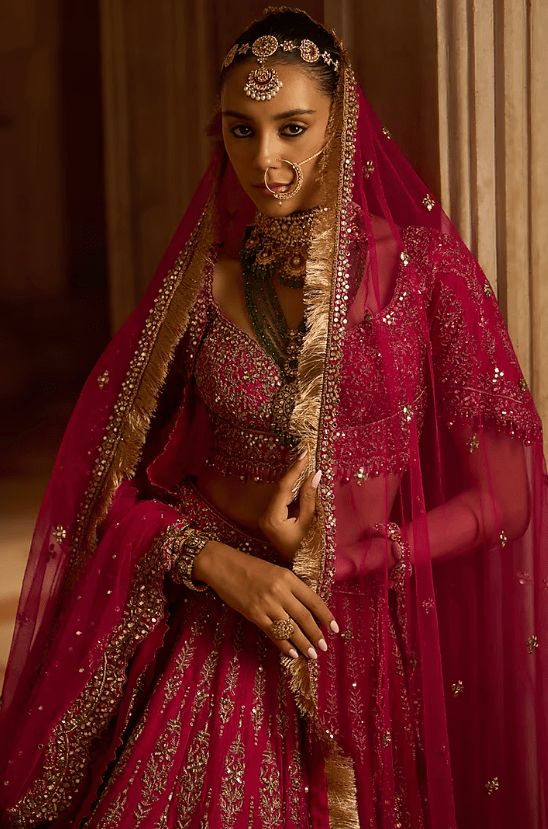 Fuchsia Red Raw Silk Zardosi Embroidered Lehenga Set - Image 3
