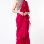 Fuchsia Red Chiffon Draped Saree Set