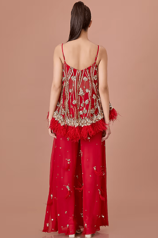Red Net Sequins Hand Embroidered Camisole - Image 2