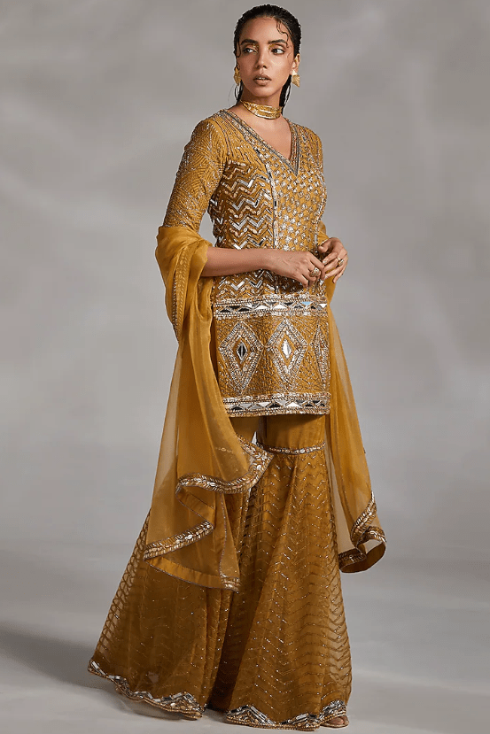 Ecru Olive Embroidered Sharara Set